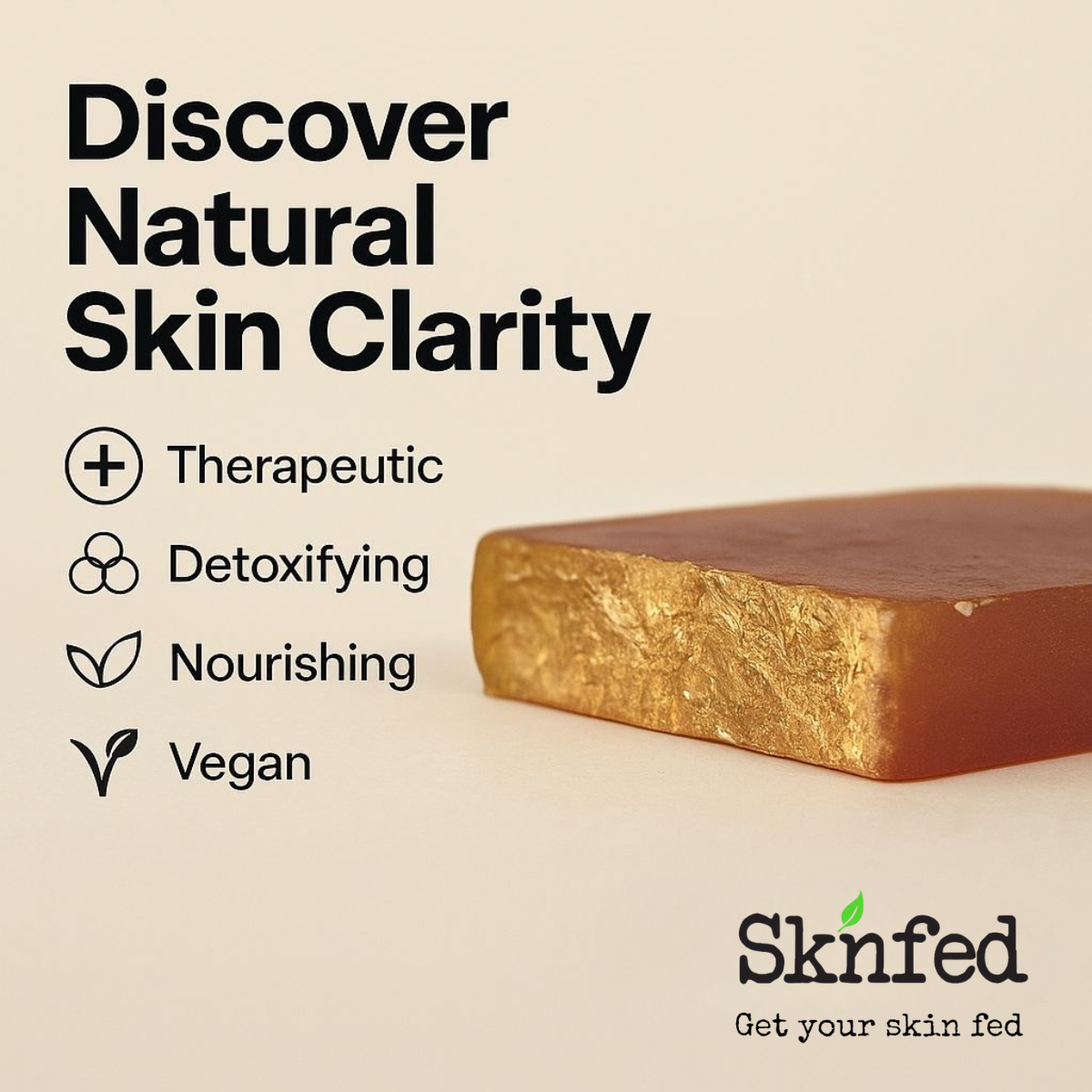 Turmeric soap with benefits Sknfed on a beige background